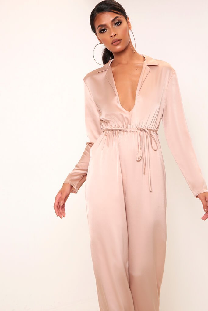 Camel Satin Plunge Tie Waist Jumpsuit