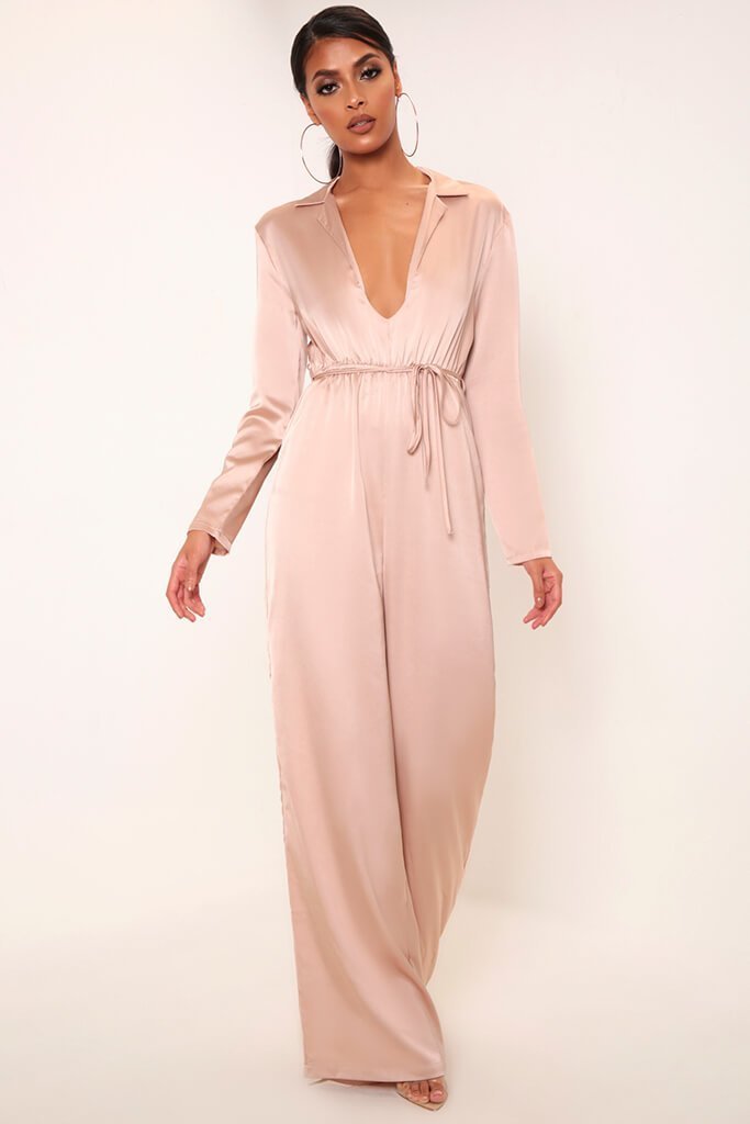 Camel Satin Plunge Tie Waist Jumpsuit