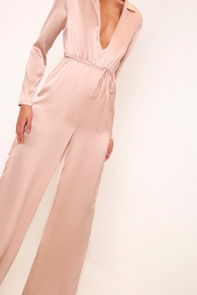 Camel Satin Plunge Tie Waist Jumpsuit