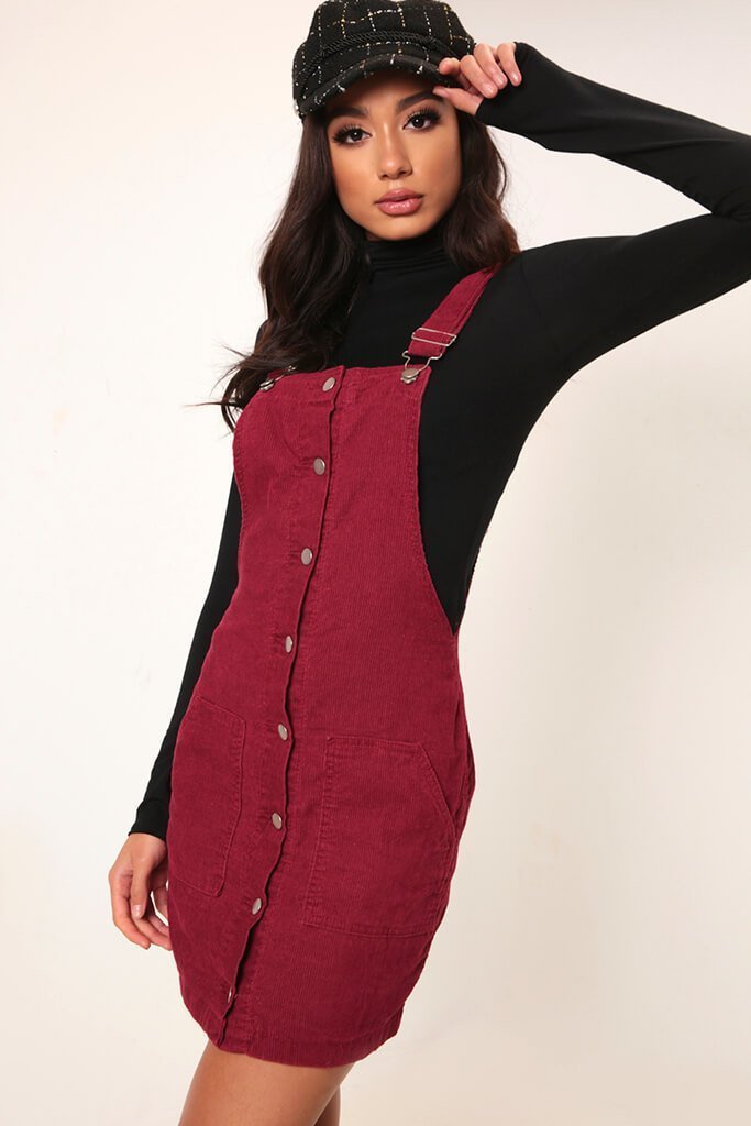 Burgundy Cord Pinafore Dress