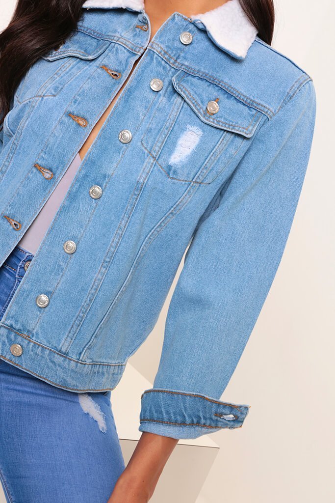 Blue Shearling Collar Denim Jacket