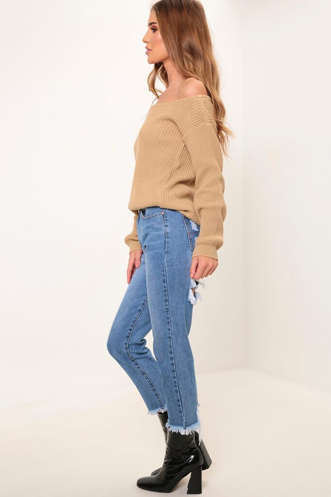 Camel Slash Neck Knitted Jumper