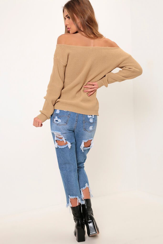 Camel Slash Neck Knitted Jumper