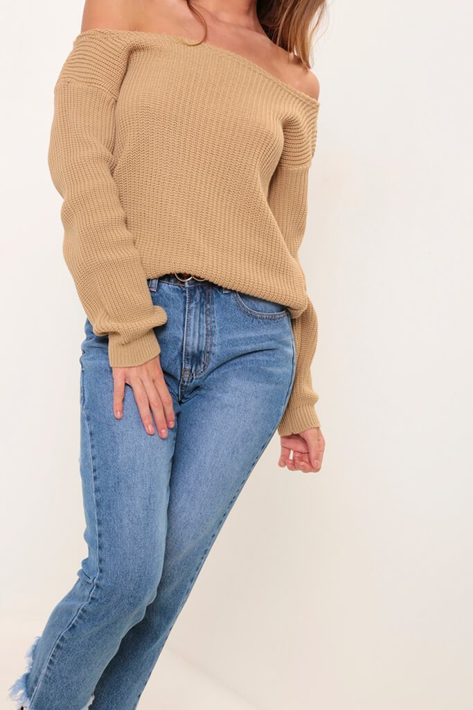 Camel Slash Neck Knitted Jumper