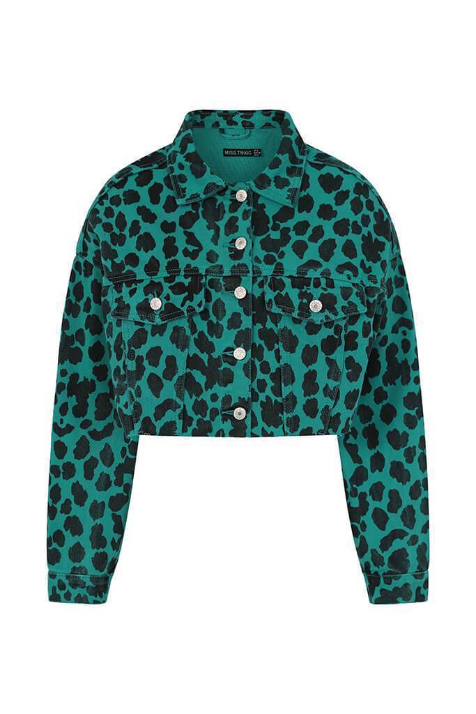 Bottle Green Leopard Print Cropped Denim Jacket