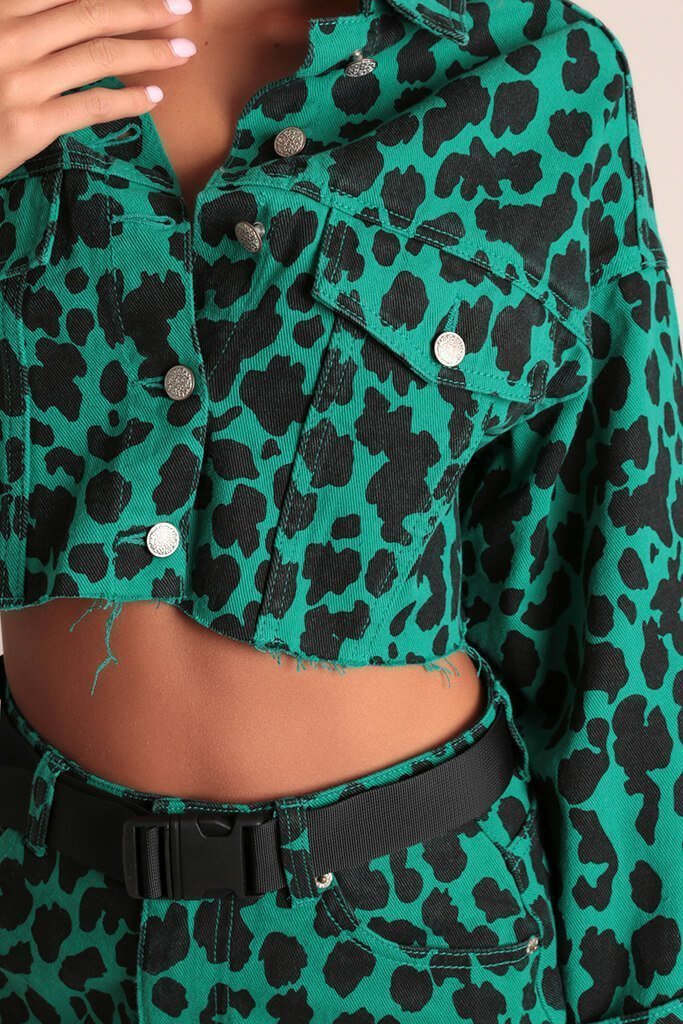 Bottle Green Leopard Print Cropped Denim Jacket