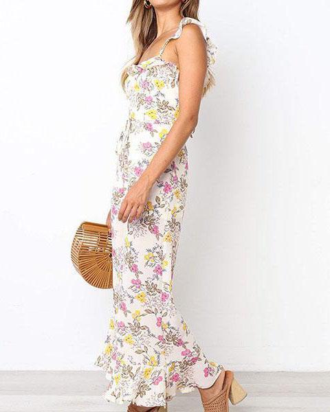 Backless Sleeveless Sling Jumpsuit Ruffled Strap Wide Leg Pants