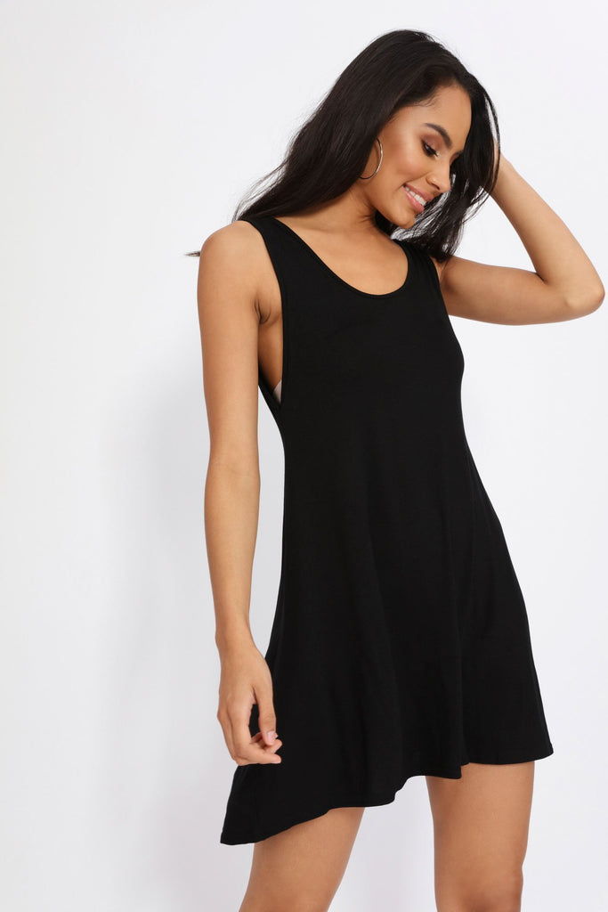 Black Jersey Low Back Swing Dress