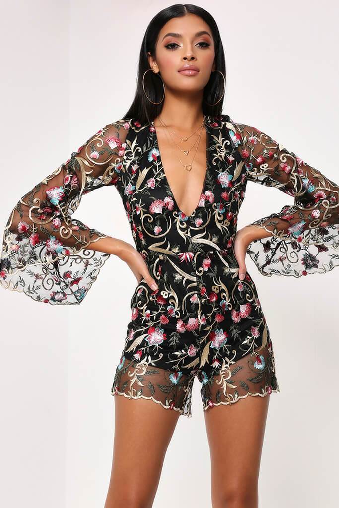 Black Embroidery Print Playsuit With Flare Sleeve