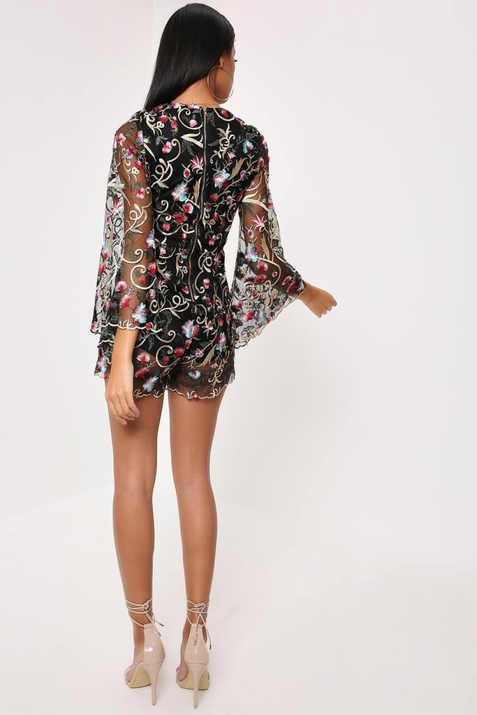 Black Embroidery Print Playsuit With Flare Sleeve