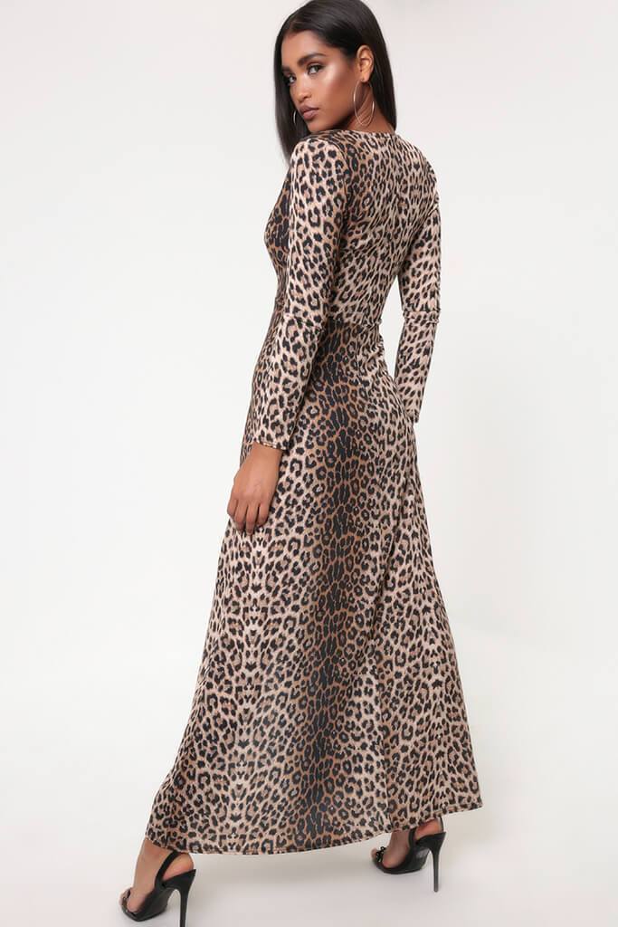 Brown Leopard Print Plunge Maxi Dress