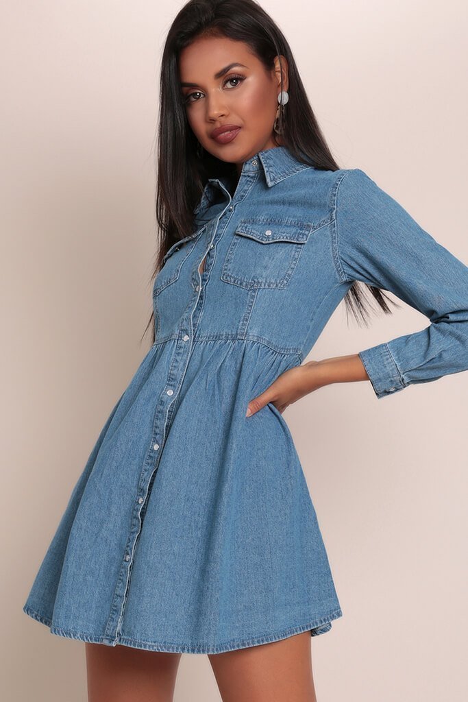 Mid Wash Long Sleeve Denim Shirt Dress