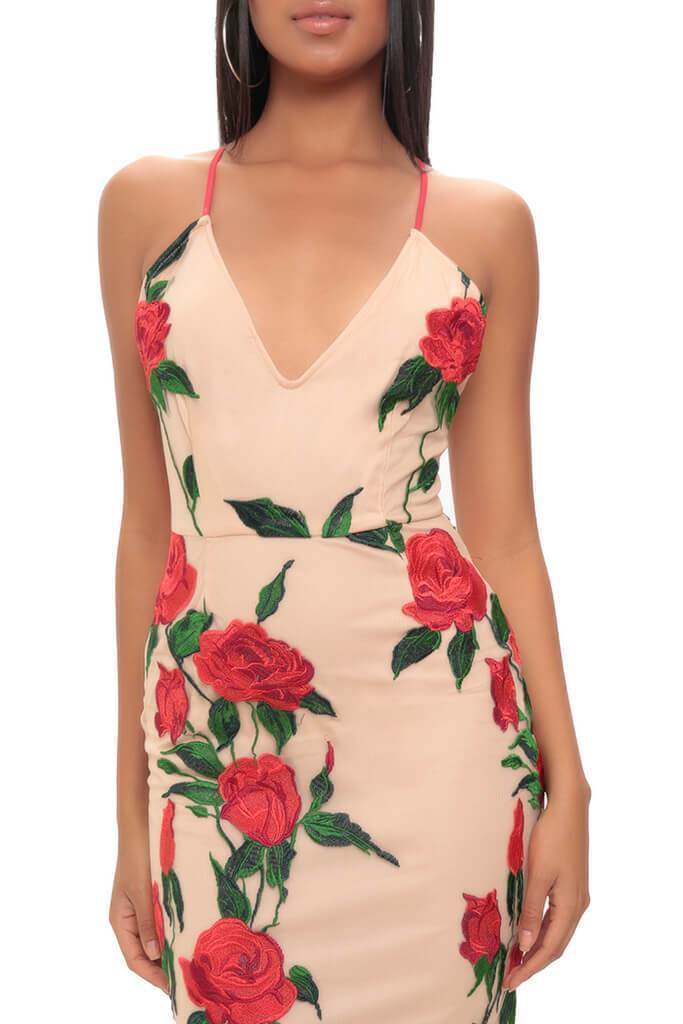 Nude Embroidered Rose Plunge Midi Dress