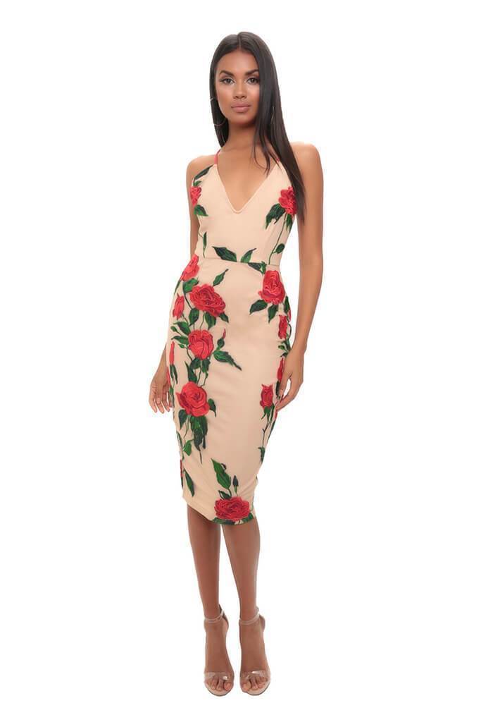 Nude Embroidered Rose Plunge Midi Dress