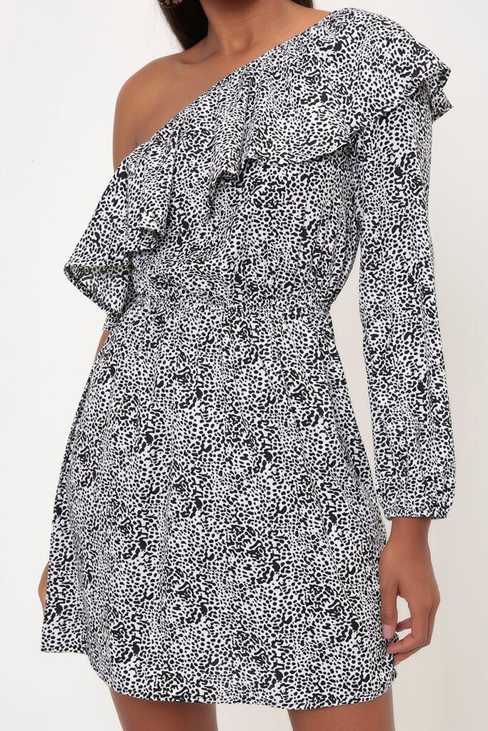 Black/White Dalmatian Print One Shouldered Skater Dress