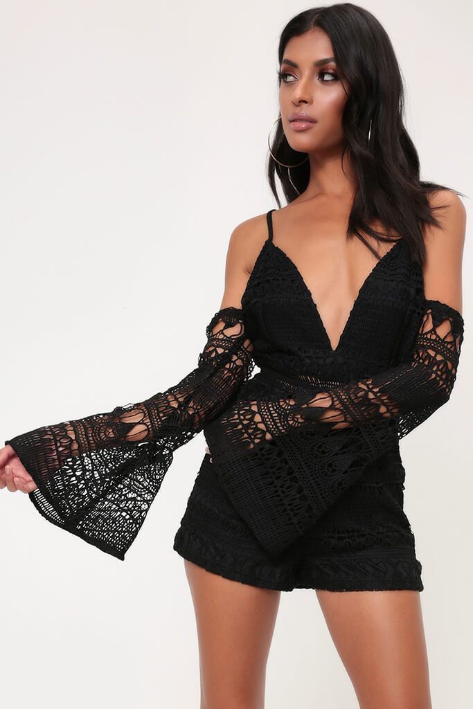 Black Crochet Plunge Cold Shoulder Playsuit