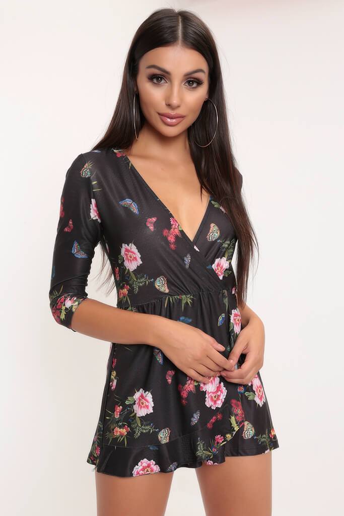 Black Floral Plunge Neck Playsuit