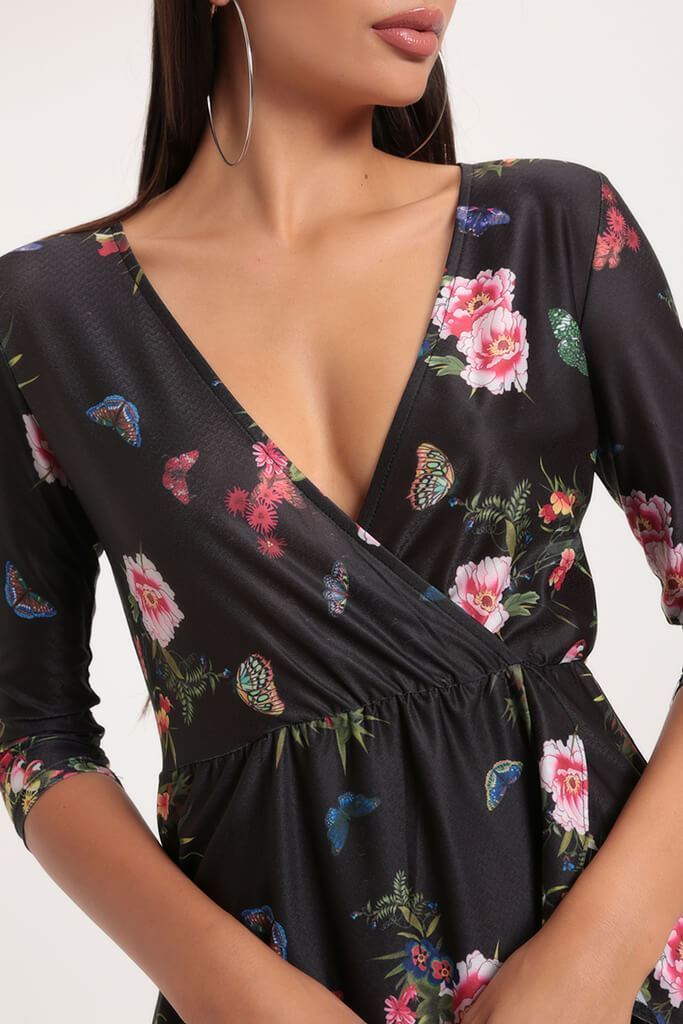 Black Floral Plunge Neck Playsuit