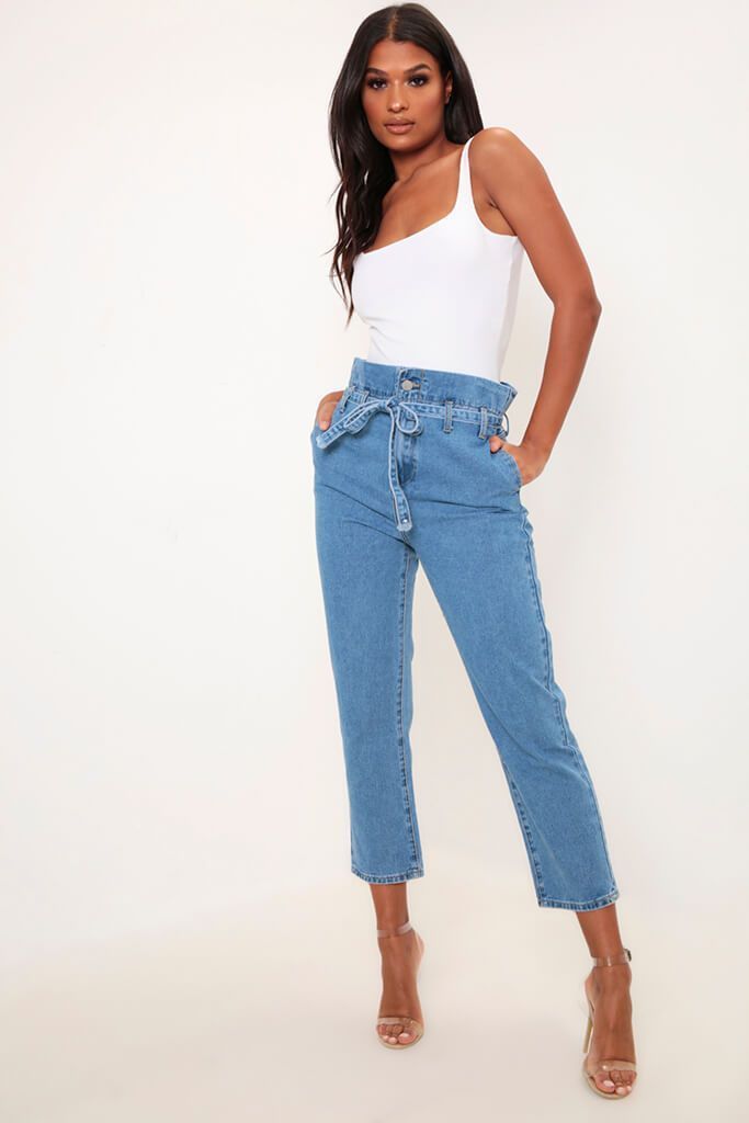 Blue High Waisted Paper Bag Mom Jeans