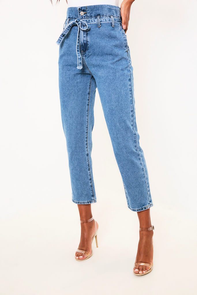 Blue High Waisted Paper Bag Mom Jeans