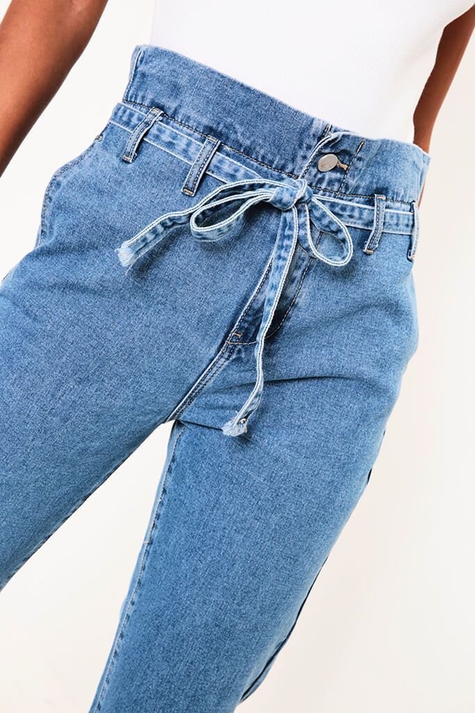 Blue High Waisted Paper Bag Mom Jeans