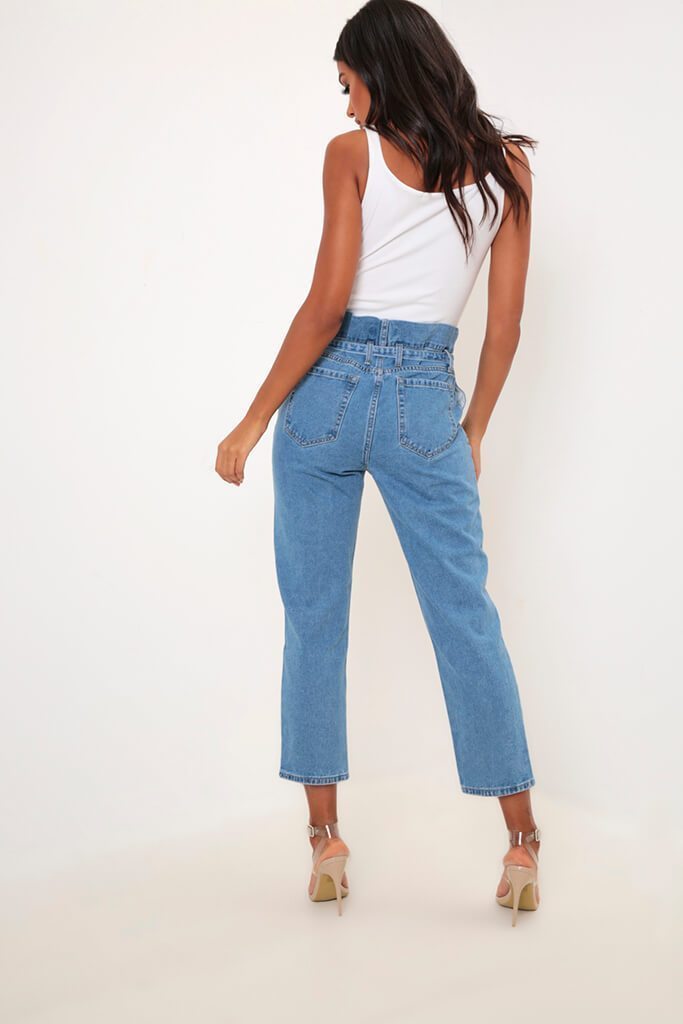 Blue High Waisted Paper Bag Mom Jeans