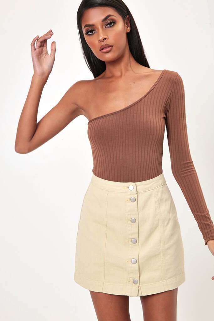 Cream Buttoned Denim A-Line Mini Skirt