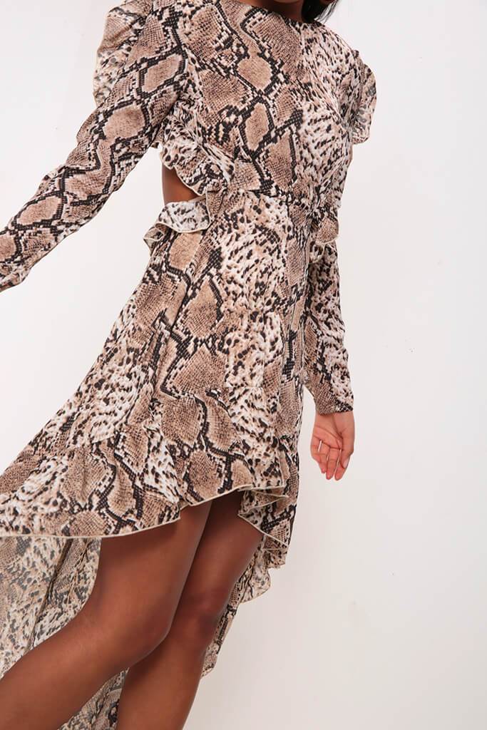 Multi Snake Print Frill Hem High Low Skater Dress