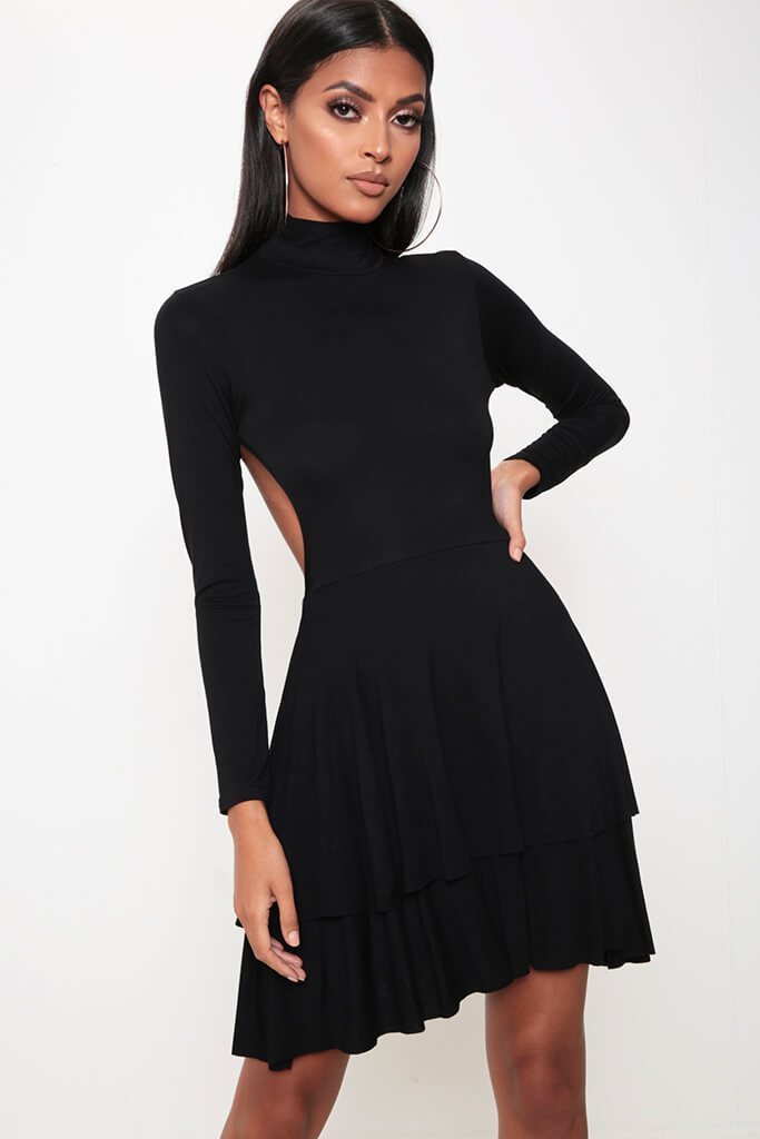 Black High Neck Backless Skater Dress