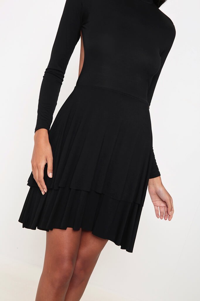 Black High Neck Backless Skater Dress