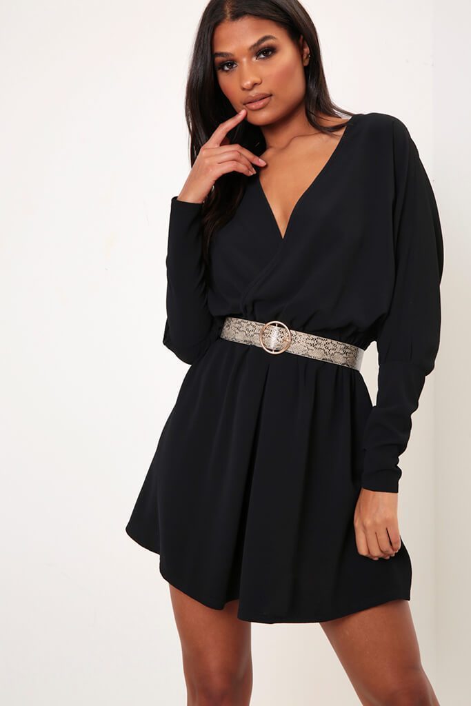 Black Balloon Sleeve Wrap Skater Dress