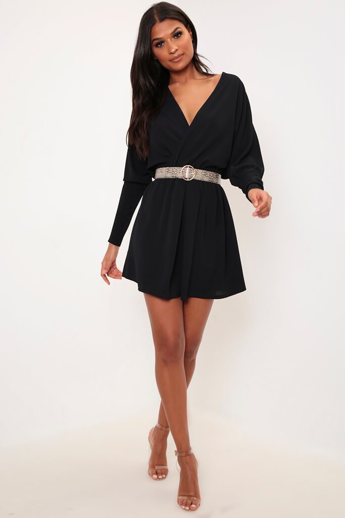 Black Balloon Sleeve Wrap Skater Dress