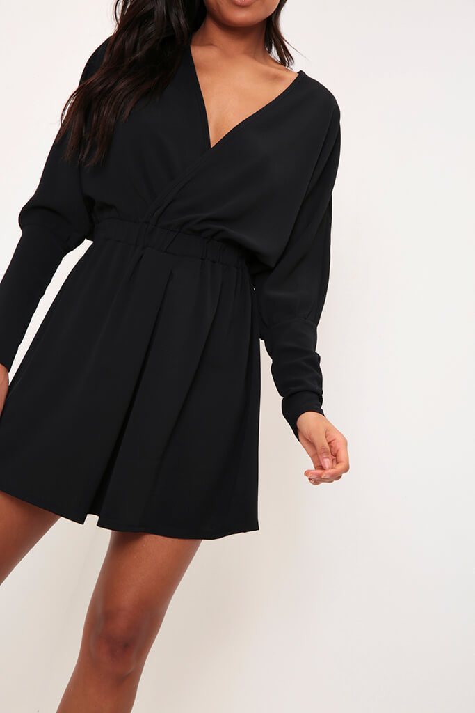 Black Balloon Sleeve Wrap Skater Dress