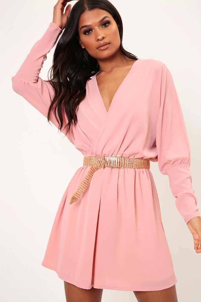 Dusky Pink Balloon Sleeve Wrap Skater Dress