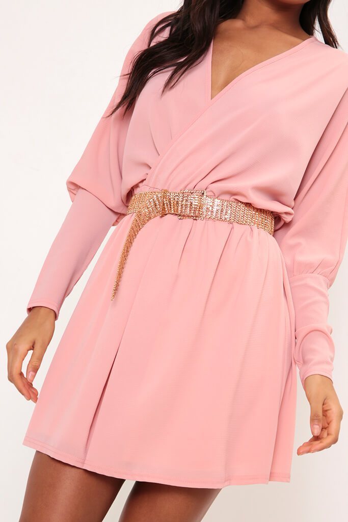 Dusky Pink Balloon Sleeve Wrap Skater Dress