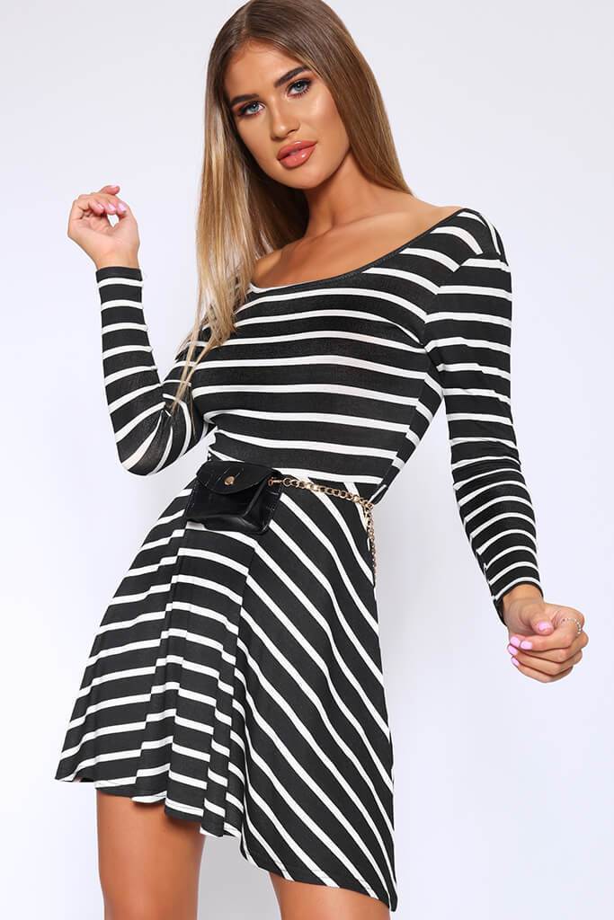 Black Stripe Stripe Print Long Sleeve Scoop Back Skater Dress