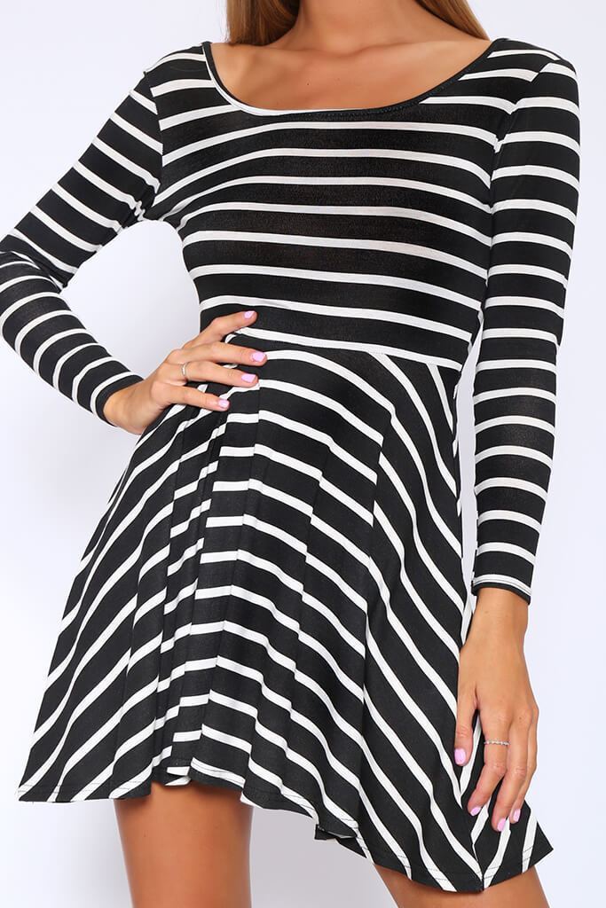 Black Stripe Stripe Print Long Sleeve Scoop Back Skater Dress