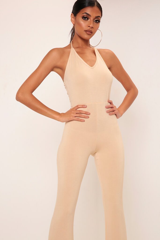 Beige Halterneck Flared Leg Jumpsuit