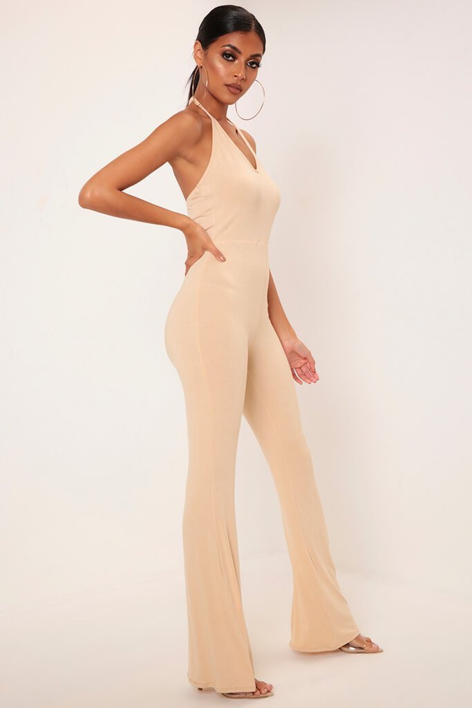 Beige Halterneck Flared Leg Jumpsuit