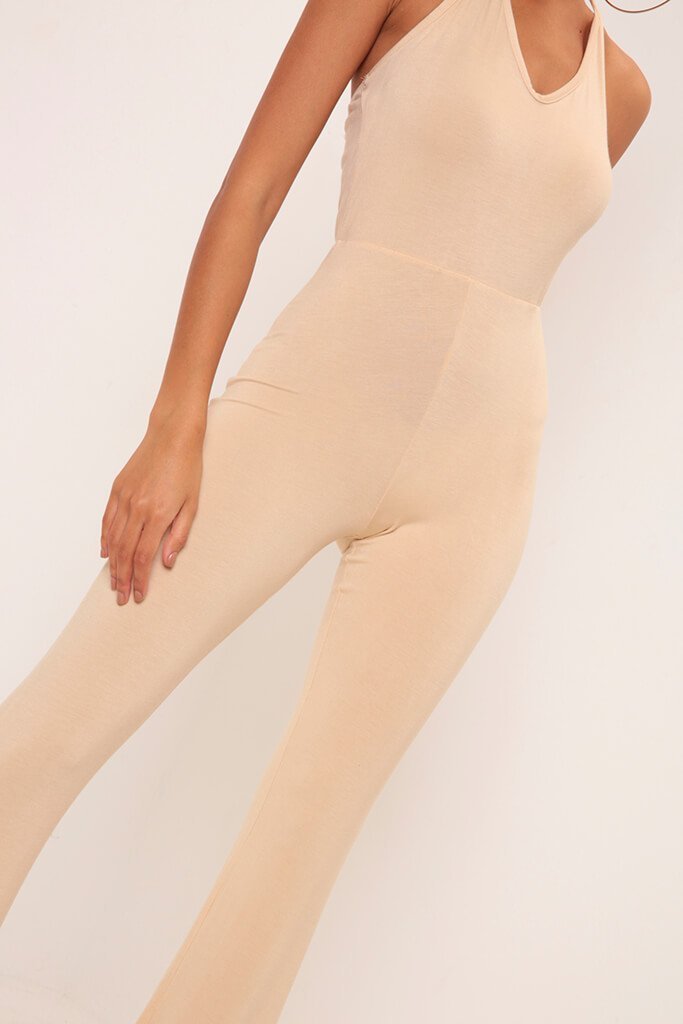 Beige Halterneck Flared Leg Jumpsuit