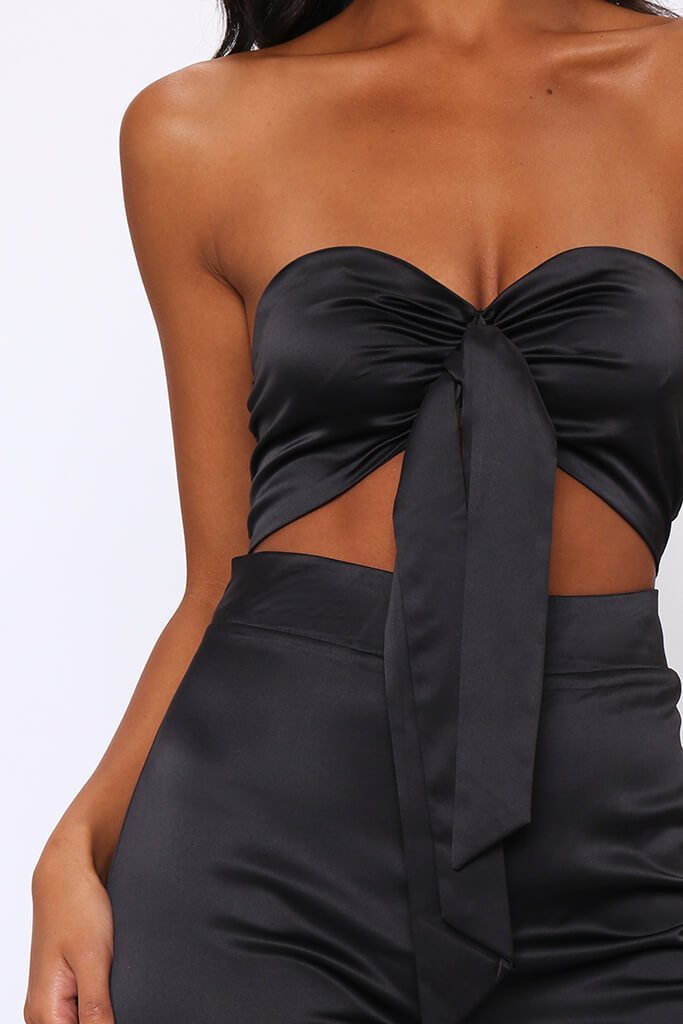 Black Satin Tie Front Jumpsuit