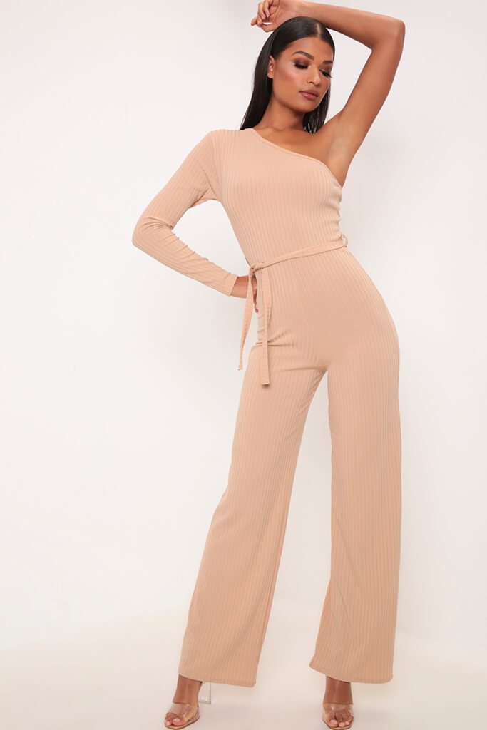 Camel One Shoulder Ribbed Jumpsuit