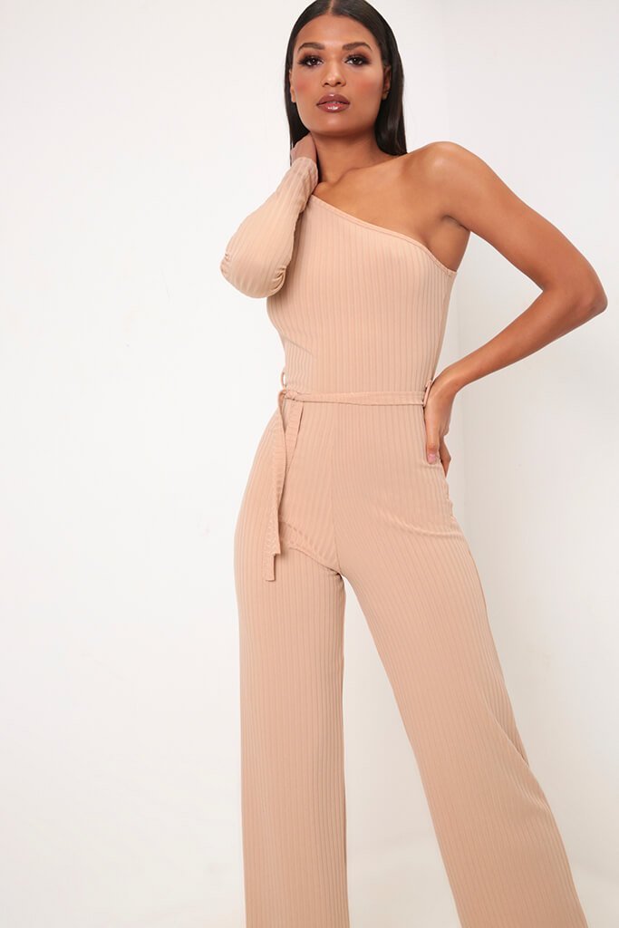 Camel One Shoulder Ribbed Jumpsuit