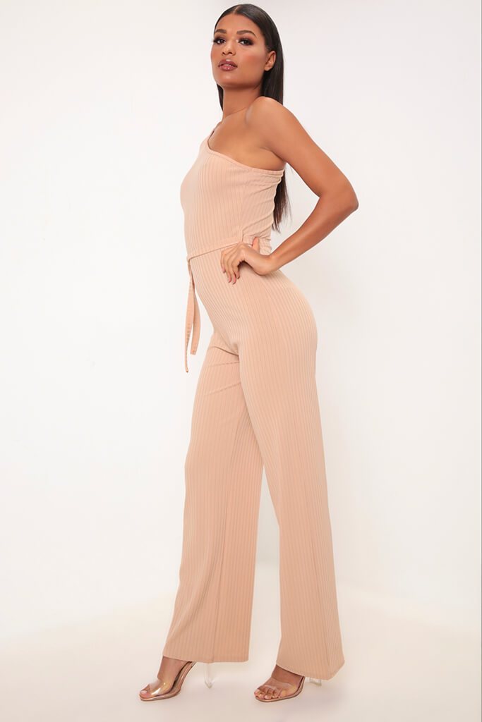 Camel One Shoulder Ribbed Jumpsuit