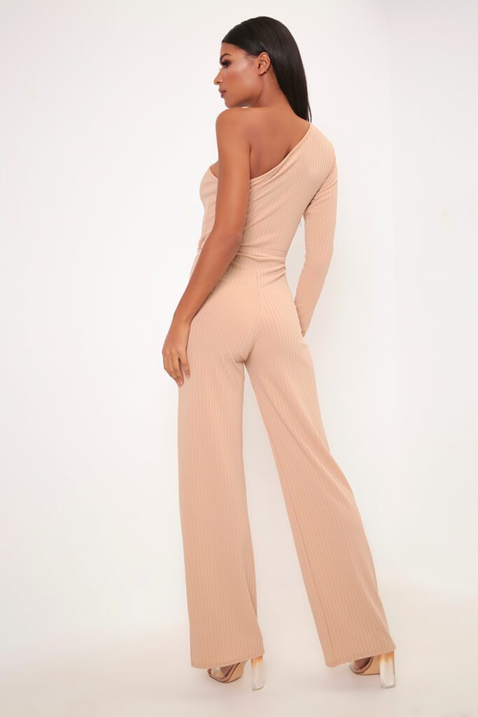 Camel One Shoulder Ribbed Jumpsuit