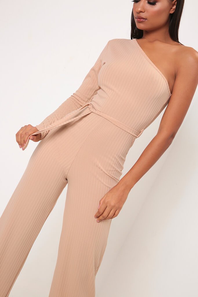 Camel One Shoulder Ribbed Jumpsuit