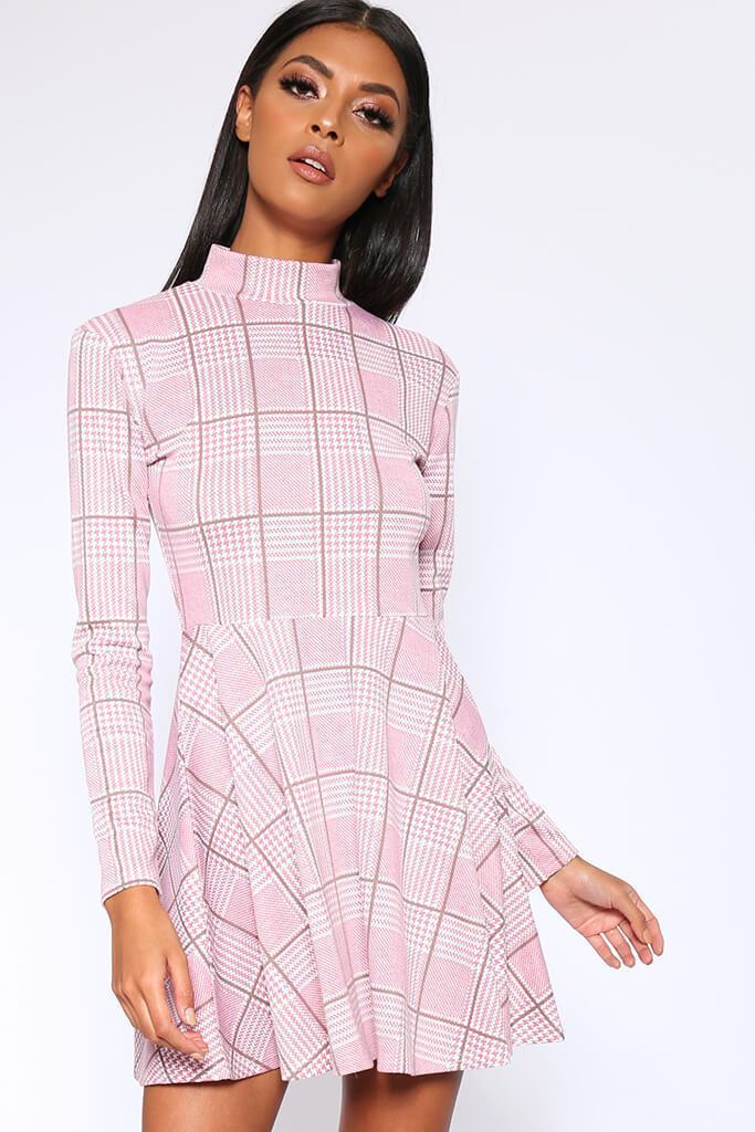 Pink High Neck Check Skater Dresss