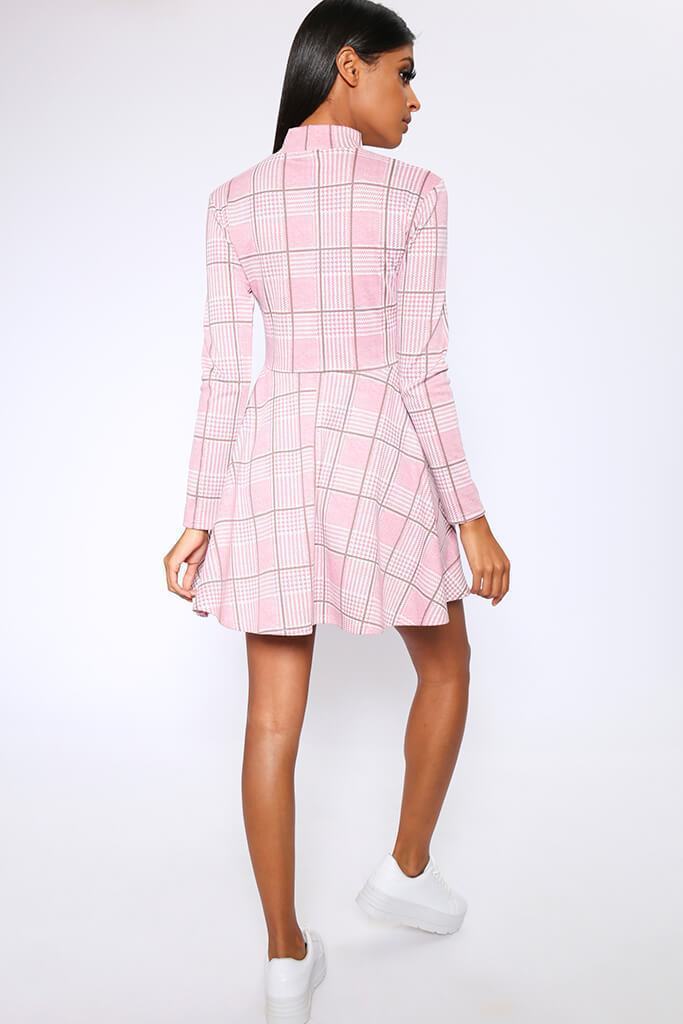 Pink High Neck Check Skater Dresss