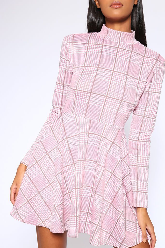 Pink High Neck Check Skater Dresss