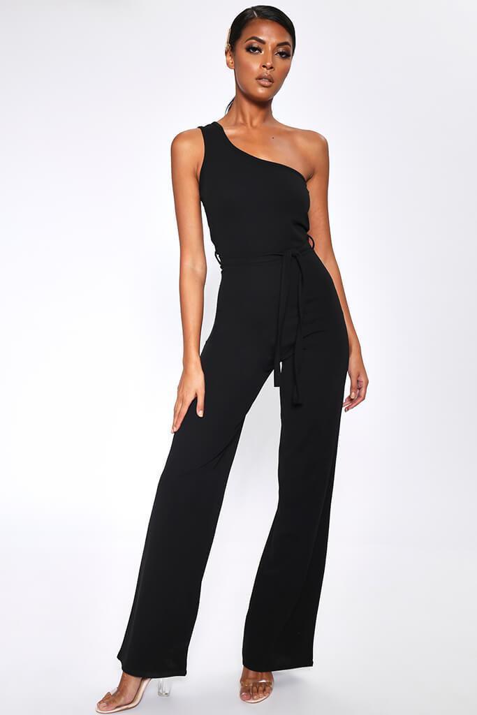 Black One Shoulder Tie Waist Jumpsuit